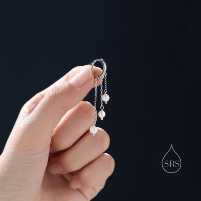 Natural Freshwater Pearl Trio Huggie Hoop Earrings in Sterling Silver, Pearl Cascade Dangle Chain Earrings, Gold and Silver