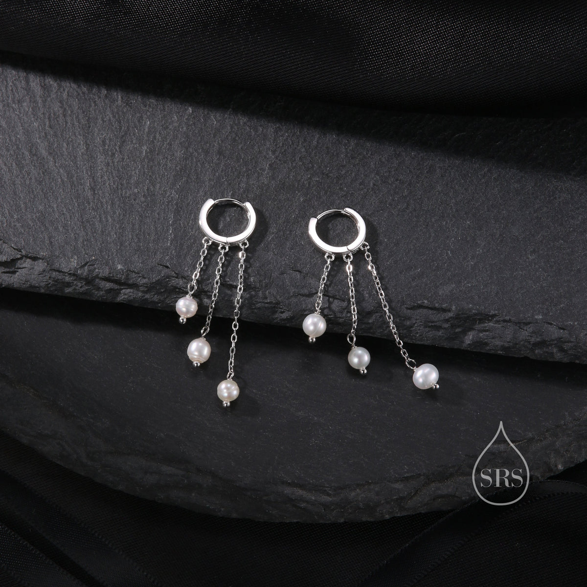 Natural Freshwater Pearl Trio Huggie Hoop Earrings in Sterling Silver, Pearl Cascade Dangle Chain Earrings, Gold and Silver