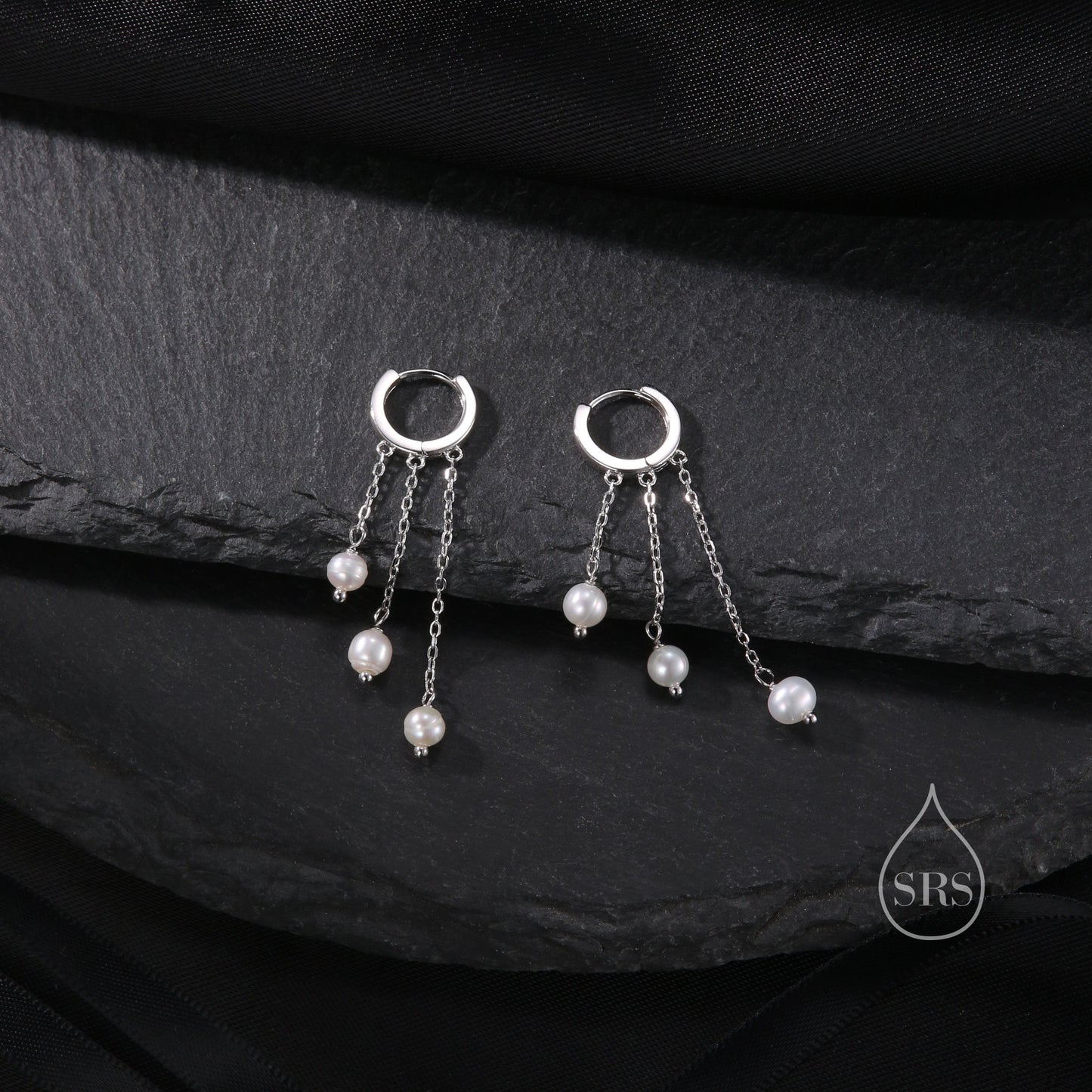 Natural Freshwater Pearl Trio Huggie Hoop Earrings in Sterling Silver, Pearl Cascade Dangle Chain Earrings, Gold and Silver