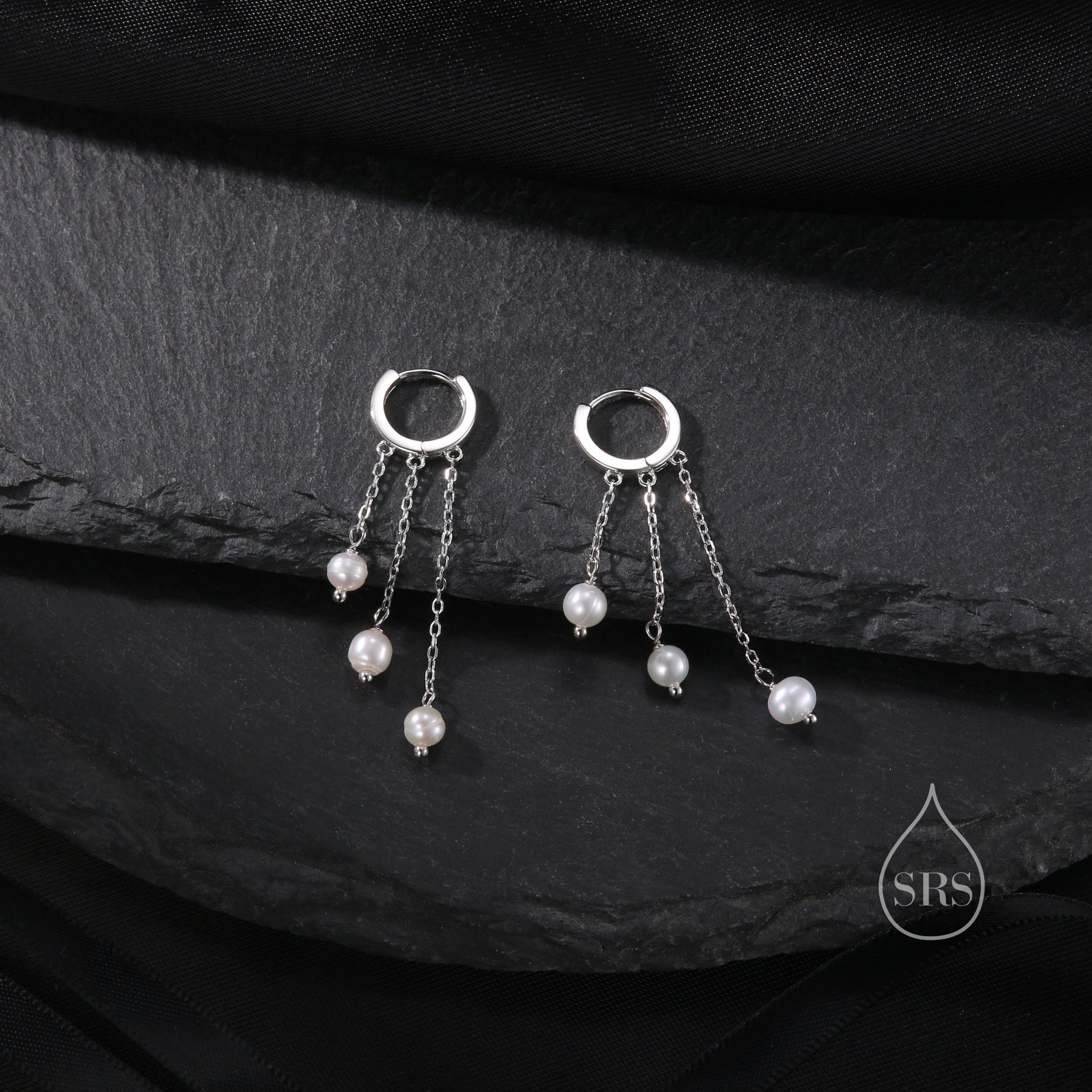 Natural Freshwater Pearl Trio Huggie Hoop Earrings in Sterling Silver, Pearl Cascade Dangle Chain Earrings, Gold and Silver