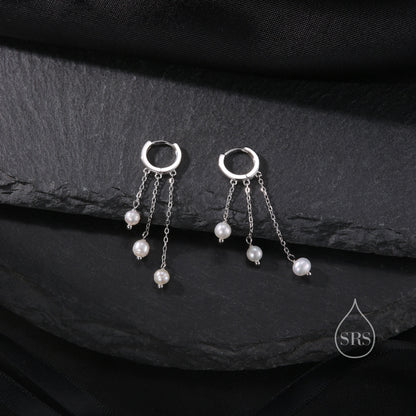 Natural Freshwater Pearl Trio Huggie Hoop Earrings in Sterling Silver, Pearl Cascade Dangle Chain Earrings, Gold and Silver