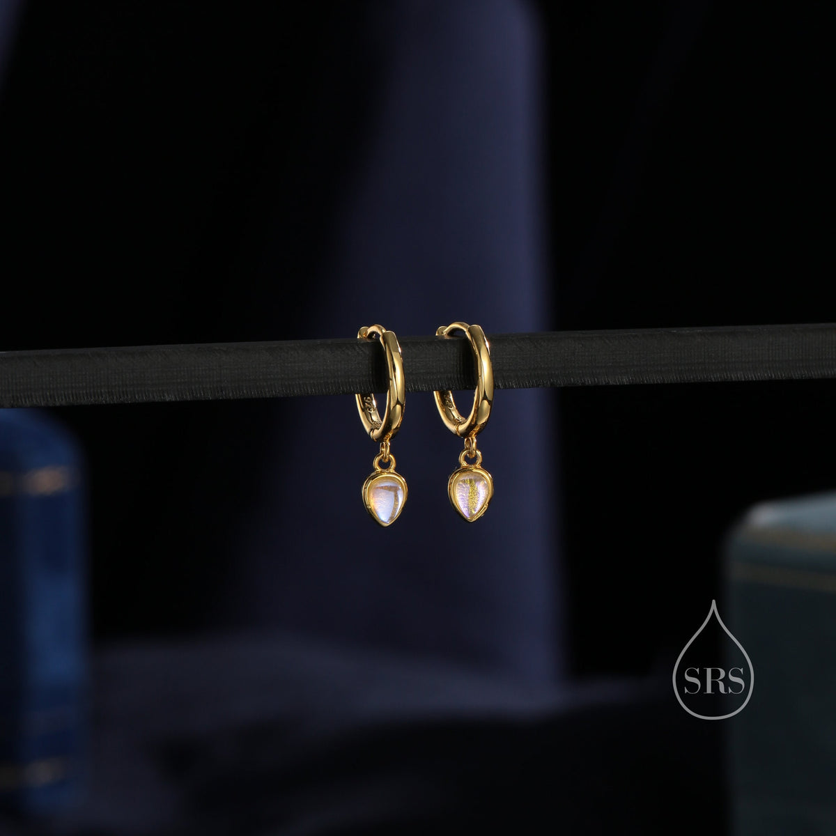 Moonstone Droplet Huggie Hoop Earrings in Sterling Silver, Simulated Moonstone Hoops, Silver or Gold, Minimal Lab Moonstone Earrings