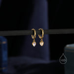 Moonstone Droplet Huggie Hoop Earrings in Sterling Silver, Simulated Moonstone Hoops, Silver or Gold, Minimal Lab Moonstone Earrings