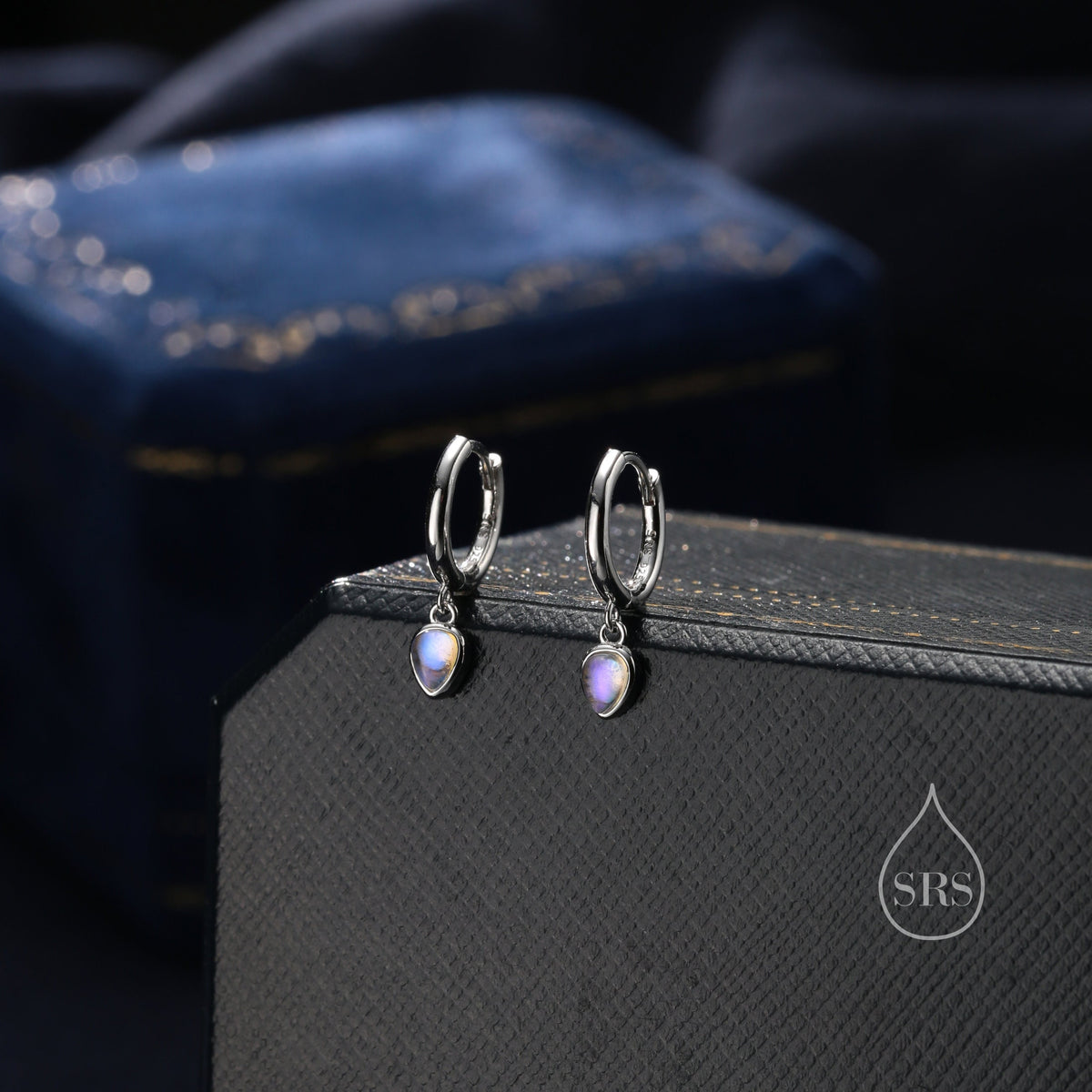 Moonstone Droplet Huggie Hoop Earrings in Sterling Silver, Simulated Moonstone Hoops, Silver or Gold, Minimal Lab Moonstone Earrings