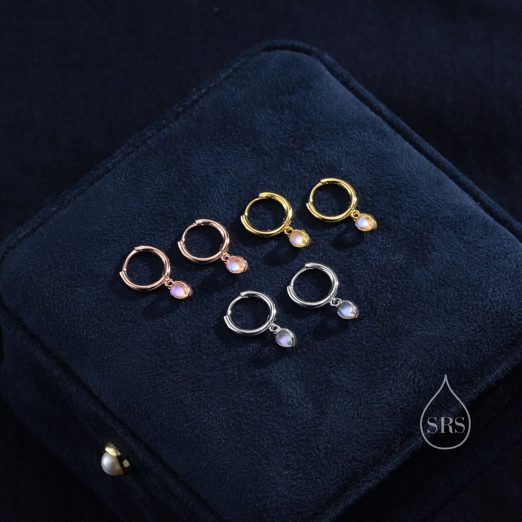 Moonstone Droplet Huggie Hoop Earrings in Sterling Silver, Simulated Moonstone Hoops, Silver or Gold, Minimal Lab Moonstone Earrings