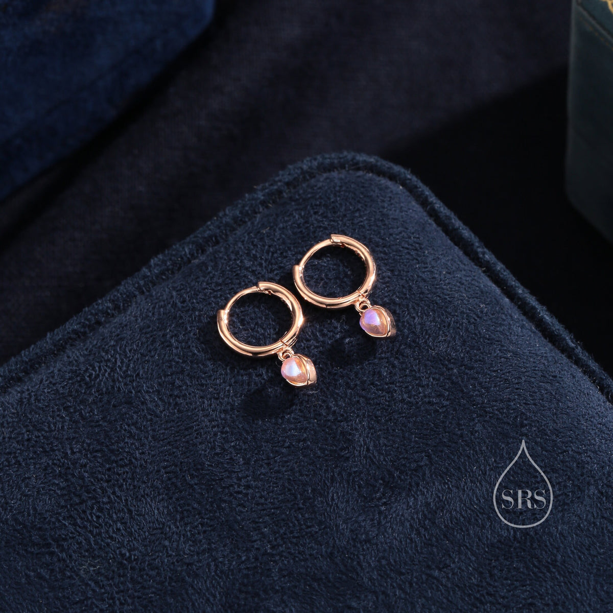 Moonstone Droplet Huggie Hoop Earrings in Sterling Silver, Simulated Moonstone Hoops, Silver or Gold, Minimal Lab Moonstone Earrings