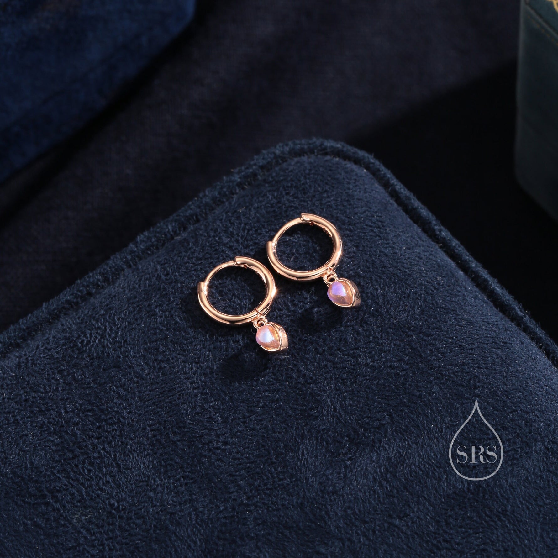 Moonstone Droplet Huggie Hoop Earrings in Sterling Silver, Simulated Moonstone Hoops, Silver or Gold, Minimal Lab Moonstone Earrings