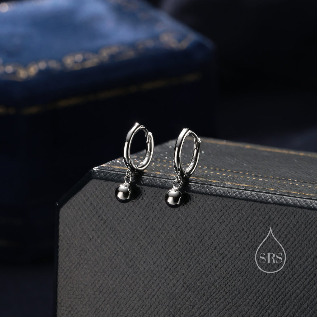 Tiny Dangle Ball Hoop Earrings in Sterling Silver, 8mm Dangle Hoop Earrings, Silver, Gold or Rose Gold， Silver Ball Huggie Hoops