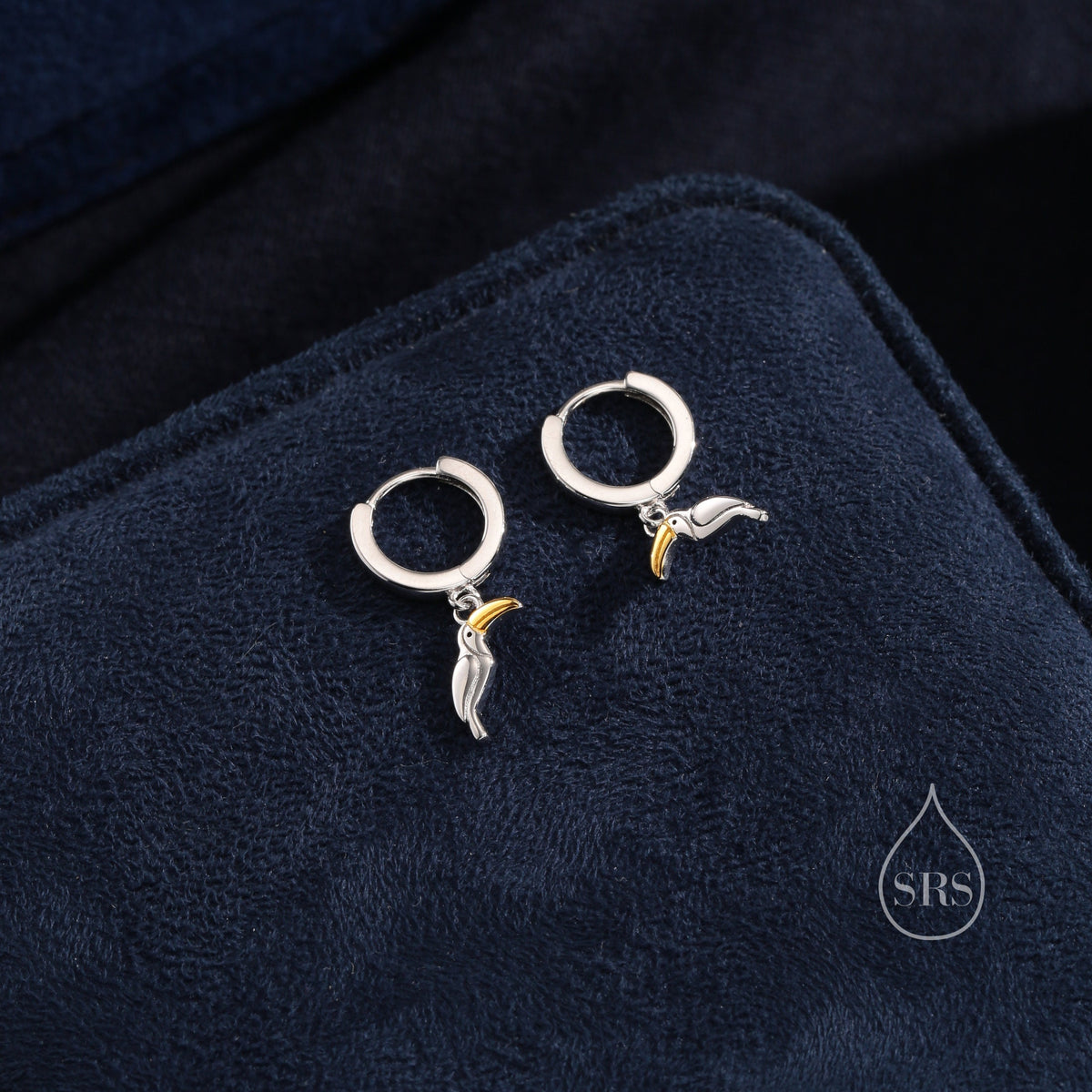 Super Cute Toucan Bird Huggie Hoop Earrings in Sterling Silver - Cute Bird Hoop Earrings, Toucan Earrings