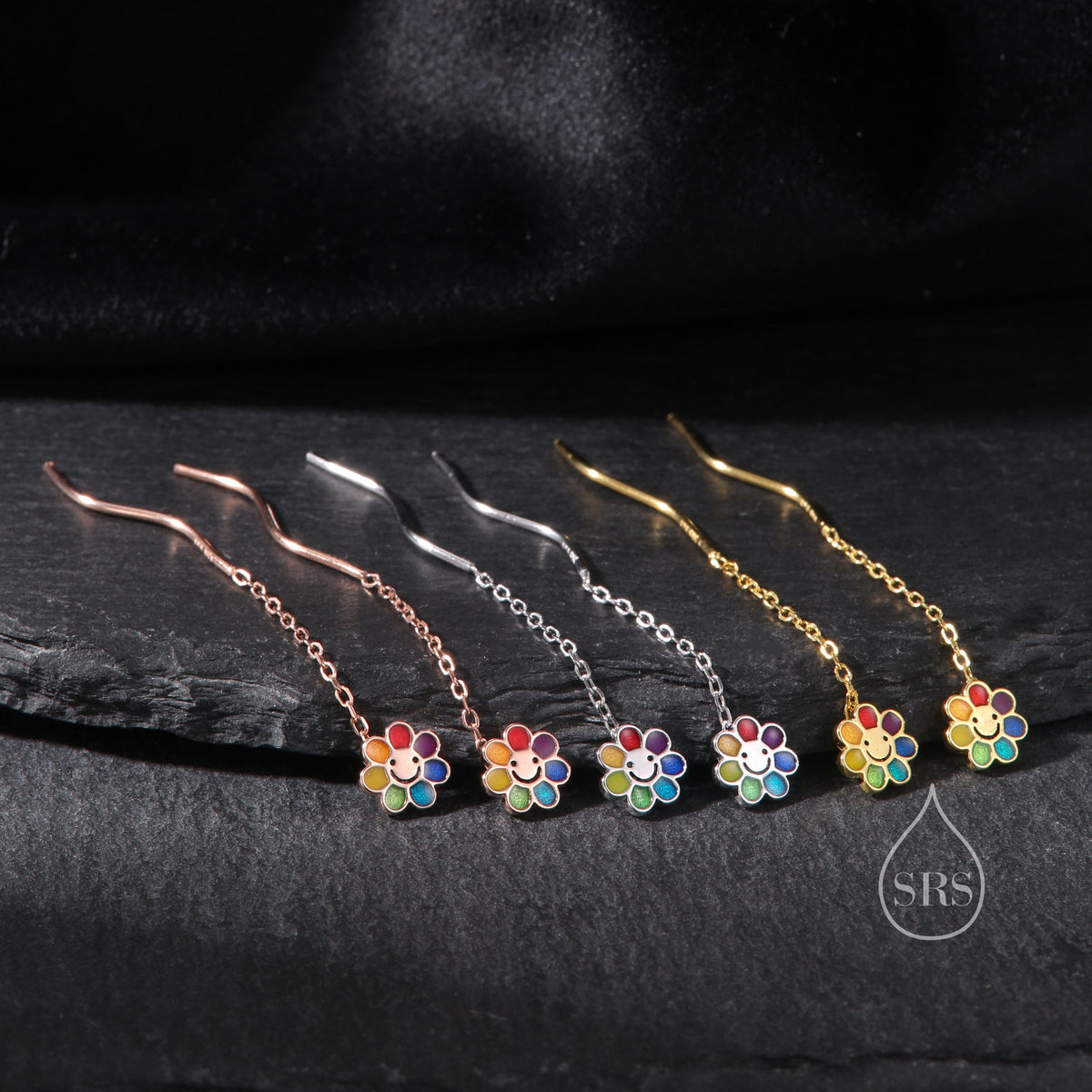 Enamel Smiling Flower Threader Earrings in Sterling Silver, Silver Rainbow Flower Earrings, Multi Colour Flower Spiral Ear Threaders