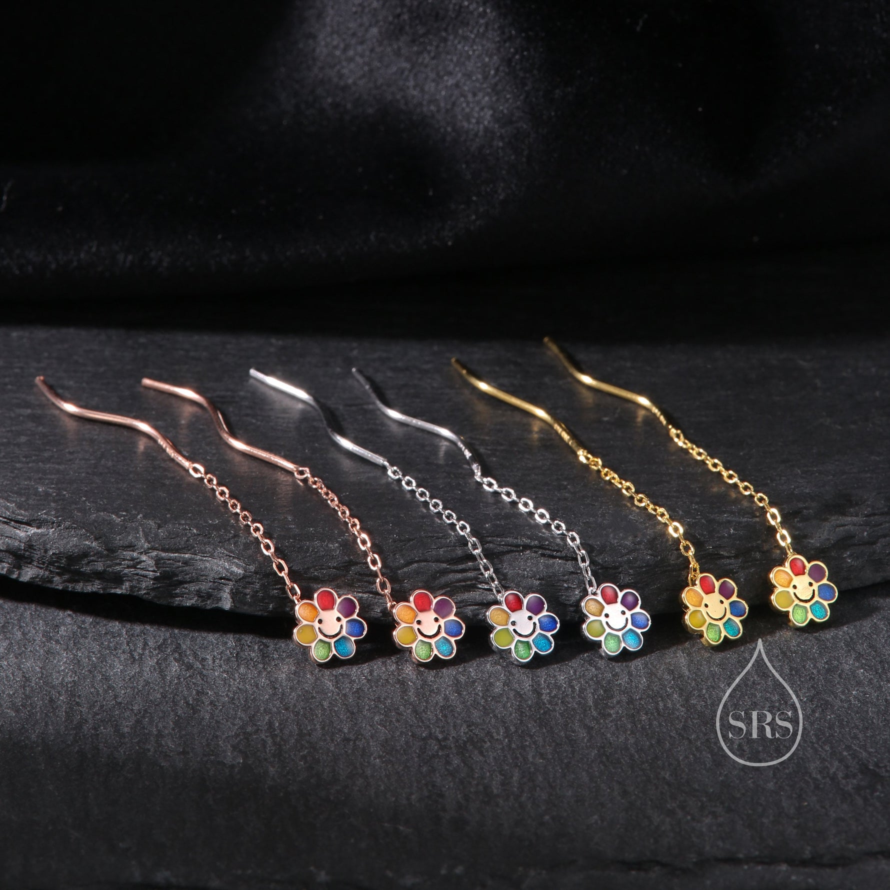 Enamel Smiling Flower Threader Earrings in Sterling Silver, Silver Rainbow Flower Earrings, Multi Colour Flower Spiral Ear Threaders