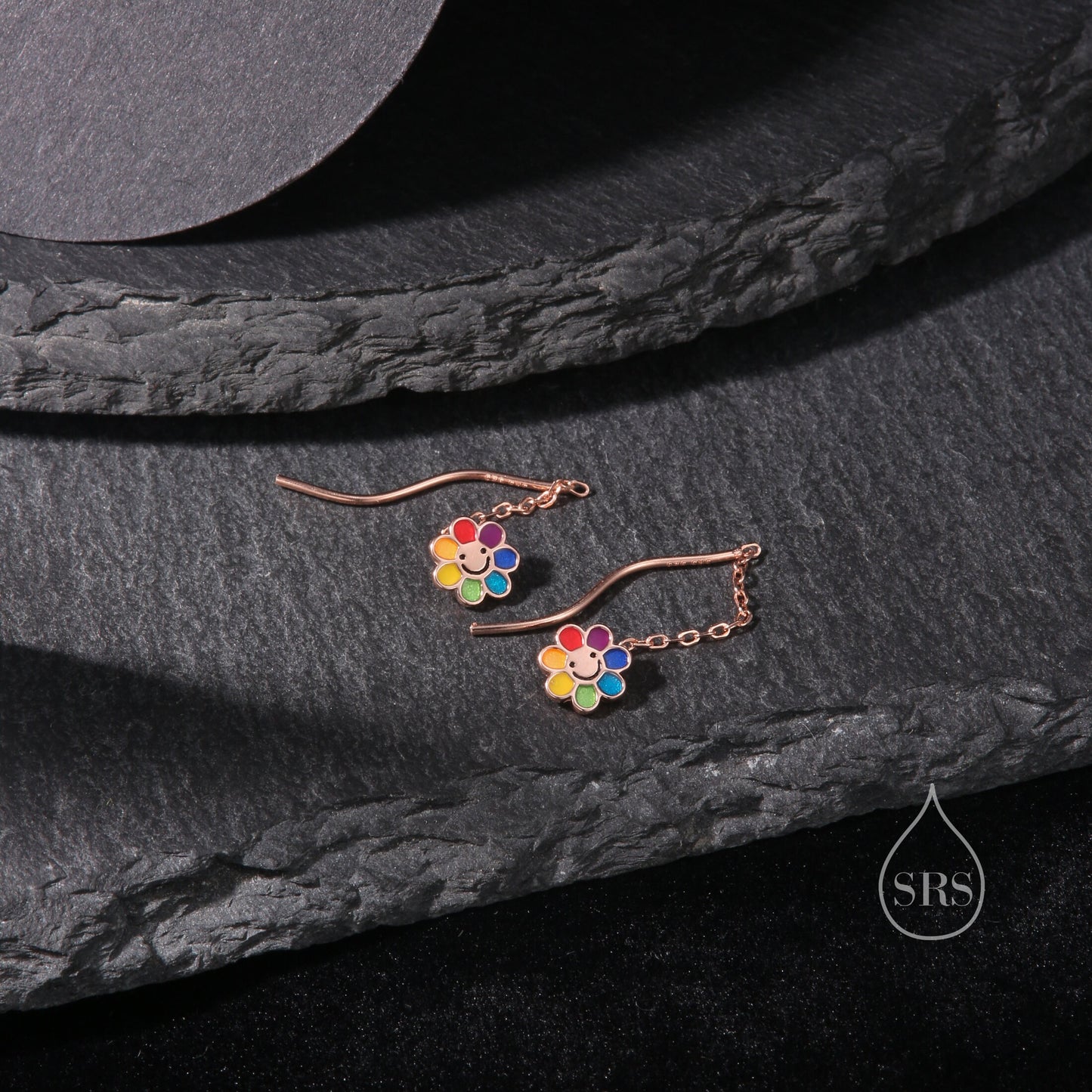 Enamel Smiling Flower Threader Earrings in Sterling Silver,  Silver Rainbow Flower Earrings, Multi Colour Flower Spiral Ear Threaders