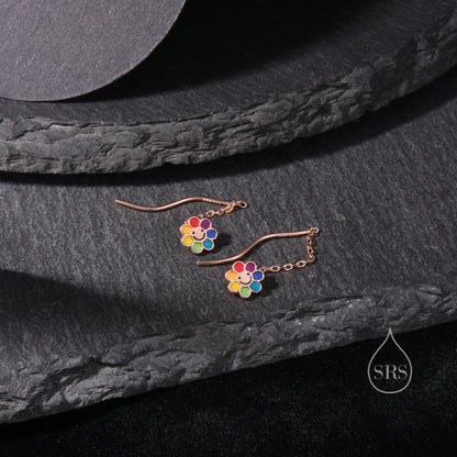 Enamel Smiling Flower Threader Earrings in Sterling Silver,  Silver Rainbow Flower Earrings, Multi Colour Flower Spiral Ear Threaders