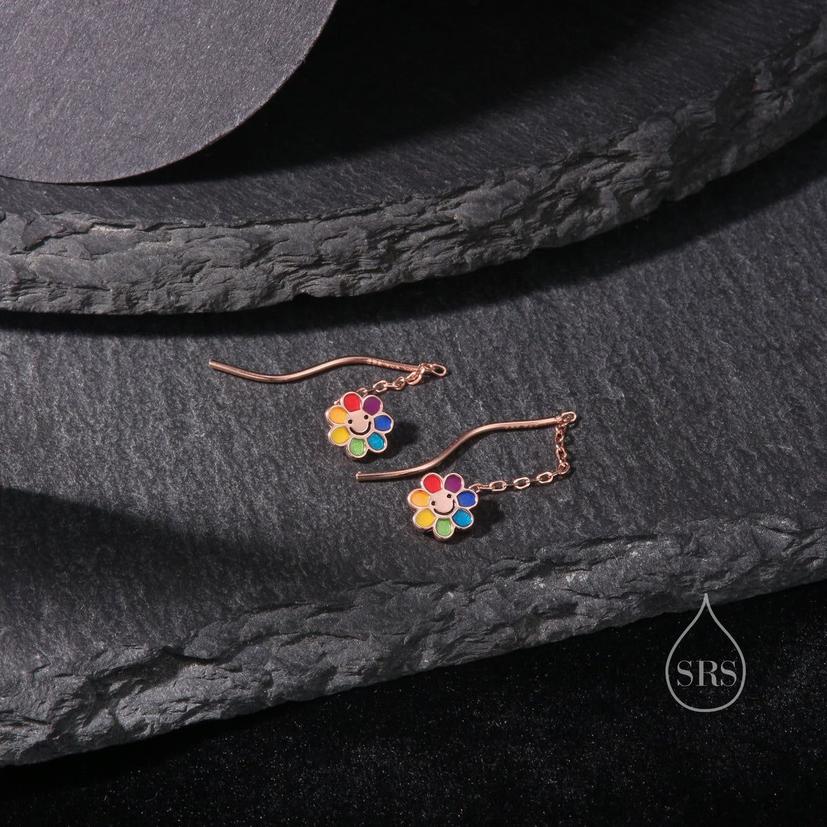 Enamel Smiling Flower Threader Earrings in Sterling Silver, Silver Rainbow Flower Earrings, Multi Colour Flower Spiral Ear Threaders