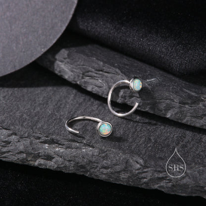 Minimalist Aqua Green Opal Huggie Hoop Threader Earrings in Sterling Silver, Gold or Silver, Pull Through Open Hoop Earrings