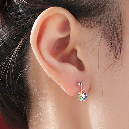 Enamel Smiling Flower Drop Stud Earrings in Sterling Silver, Silver, Gold or Rose Gold,  Silver Rainbow Flower Earrings,