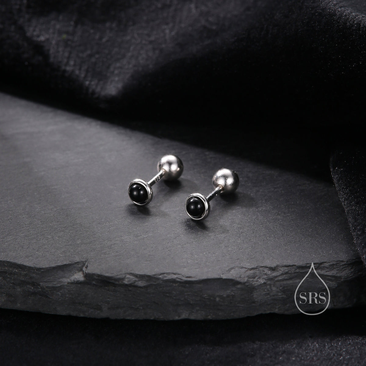 Genuine Black Onyx Screw Back Earrings in Sterling Silver, Natural Black Onyx Stud, Semi-Precious Onyx Screw Back Earrings