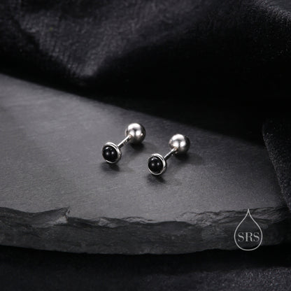 Genuine Black Onyx Internally Threaded Flat Back/ Screw Back / Stud Earrings in Sterling Silver, 3mm Natural Black Onyx Stud