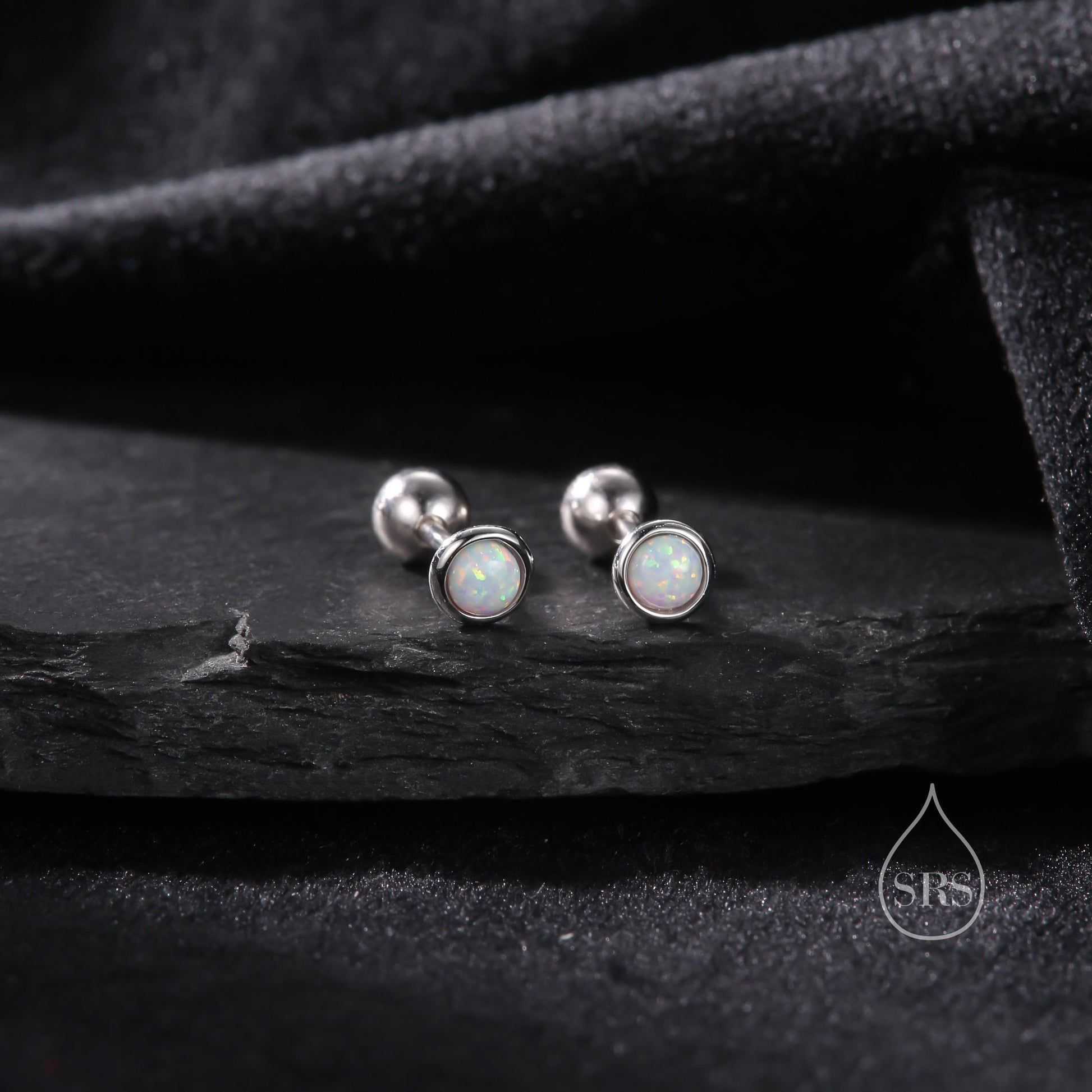 Tiny 3mm White Opal Internally Threaded Flat Back/ Screw Back Earrings in Sterling Silver, Small Opal Stud, White Opal Screw Back Earrings