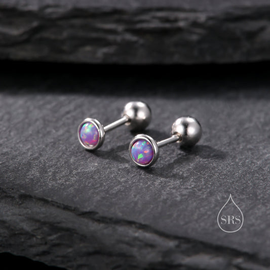 Tiny 3mm Purple Opal Screw Back Earrings in Sterling Silver, Small Opal Stud, Comsic Purple Opal Screw Back Earrings, Fire Opal