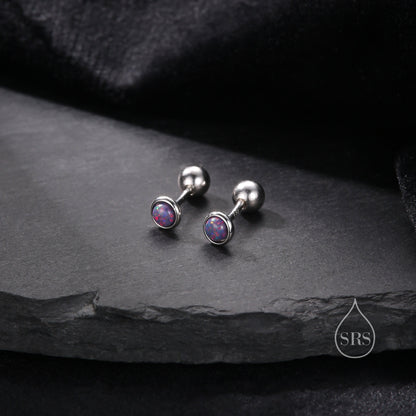 Tiny 3mm Black Opal Screw Back Earrings in Sterling Silver, Small Opal Stud, Comsic Purple Opal Screw Back Earrings, Fire Opal