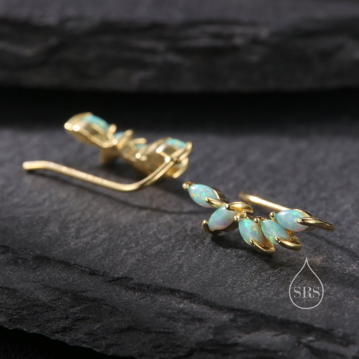 Aqua Green Opal Marquise Cluster Crawler Earrings in Sterling Silver, Marquise Cluster Ear Climbers, Silver or Gold , Lab Opal Earrings