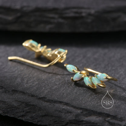 Aqua Green Opal Marquise Cluster Crawler Earrings in Sterling Silver, Marquise Cluster Ear Climbers, Silver or Gold , Lab Opal Earrings