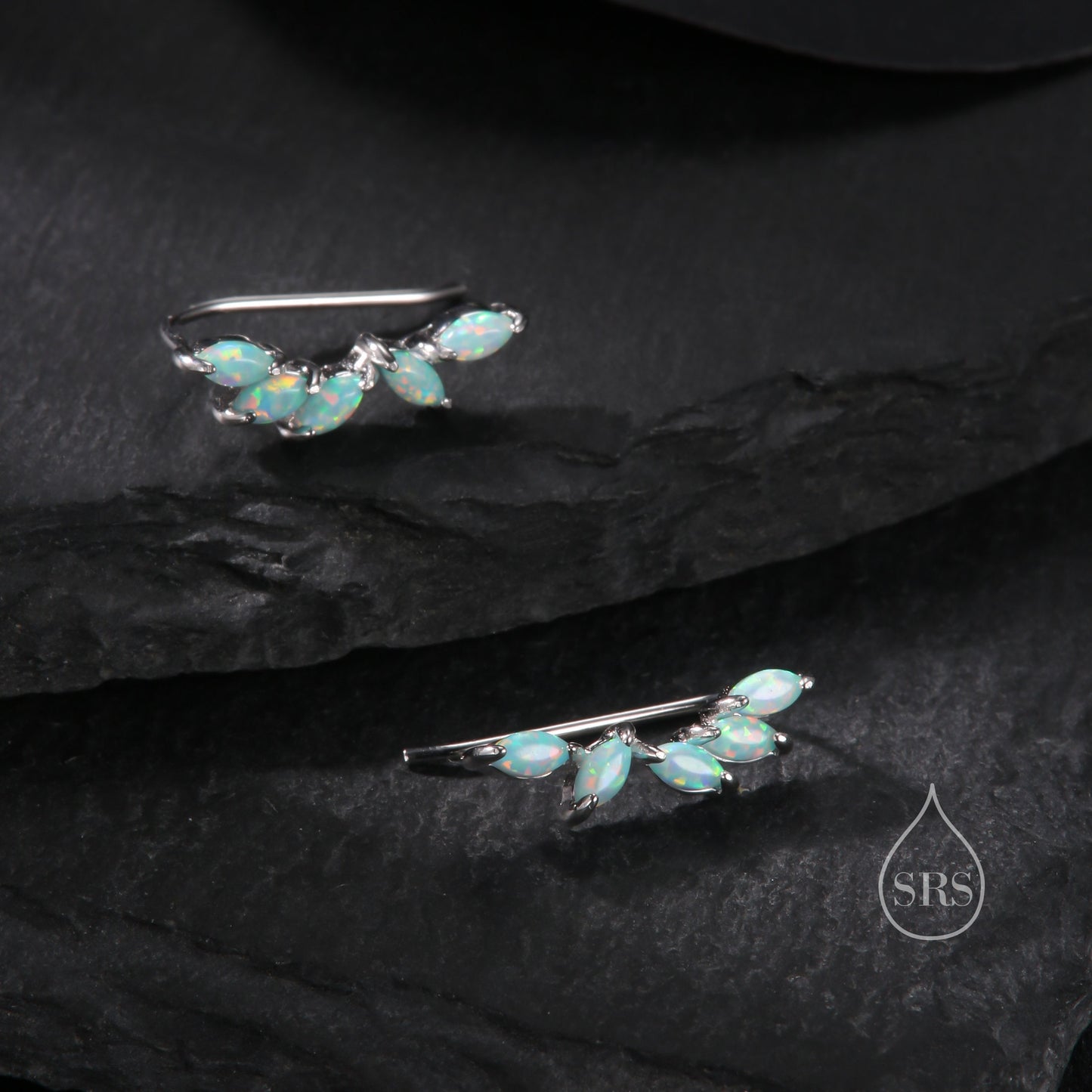 Aqua Green Opal Marquise Cluster Crawler Earrings in Sterling Silver, Marquise Cluster Ear Climbers, Silver or Gold , Lab Opal Earrings