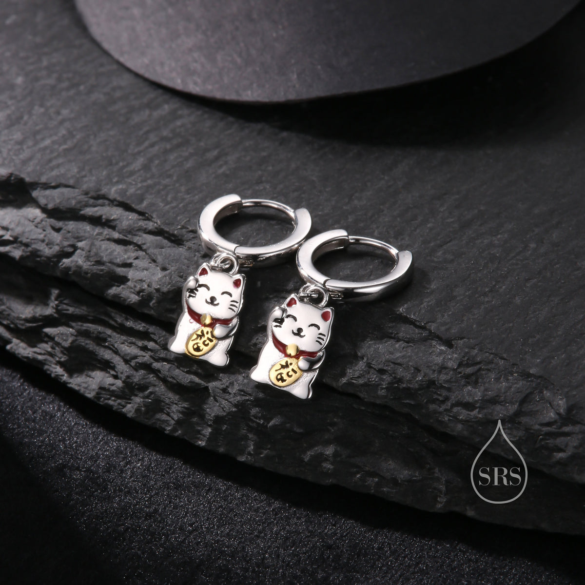 Super Cute Japanese Maneki-neko Cat Huggie Earrings in Sterling Silver - Cute Money Cat, Waving Cat Hoops