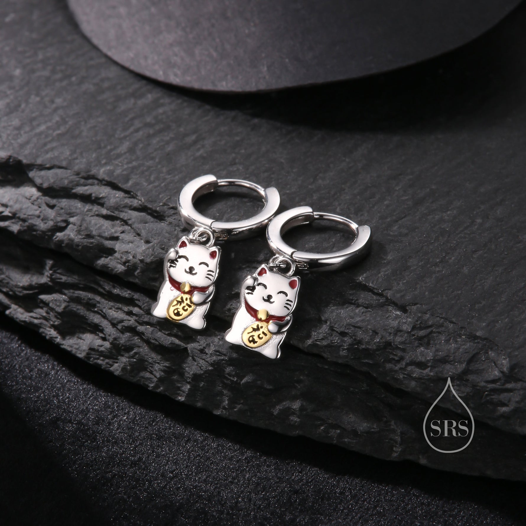 Super Cute Japanese Maneki-neko Cat Huggie Earrings in Sterling Silver - Cute Money Cat, Waving Cat Hoops