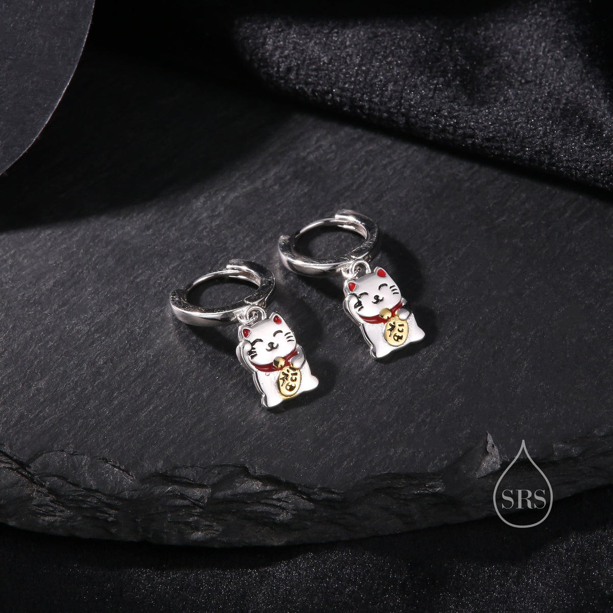 Super Cute Japanese Maneki-neko Cat Huggie Earrings in Sterling Silver - Cute Money Cat, Waving Cat Hoops