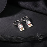 Super Cute Japanese Maneki-neko Cat Huggie Earrings in Sterling Silver - Cute Money Cat, Waving Cat Hoops