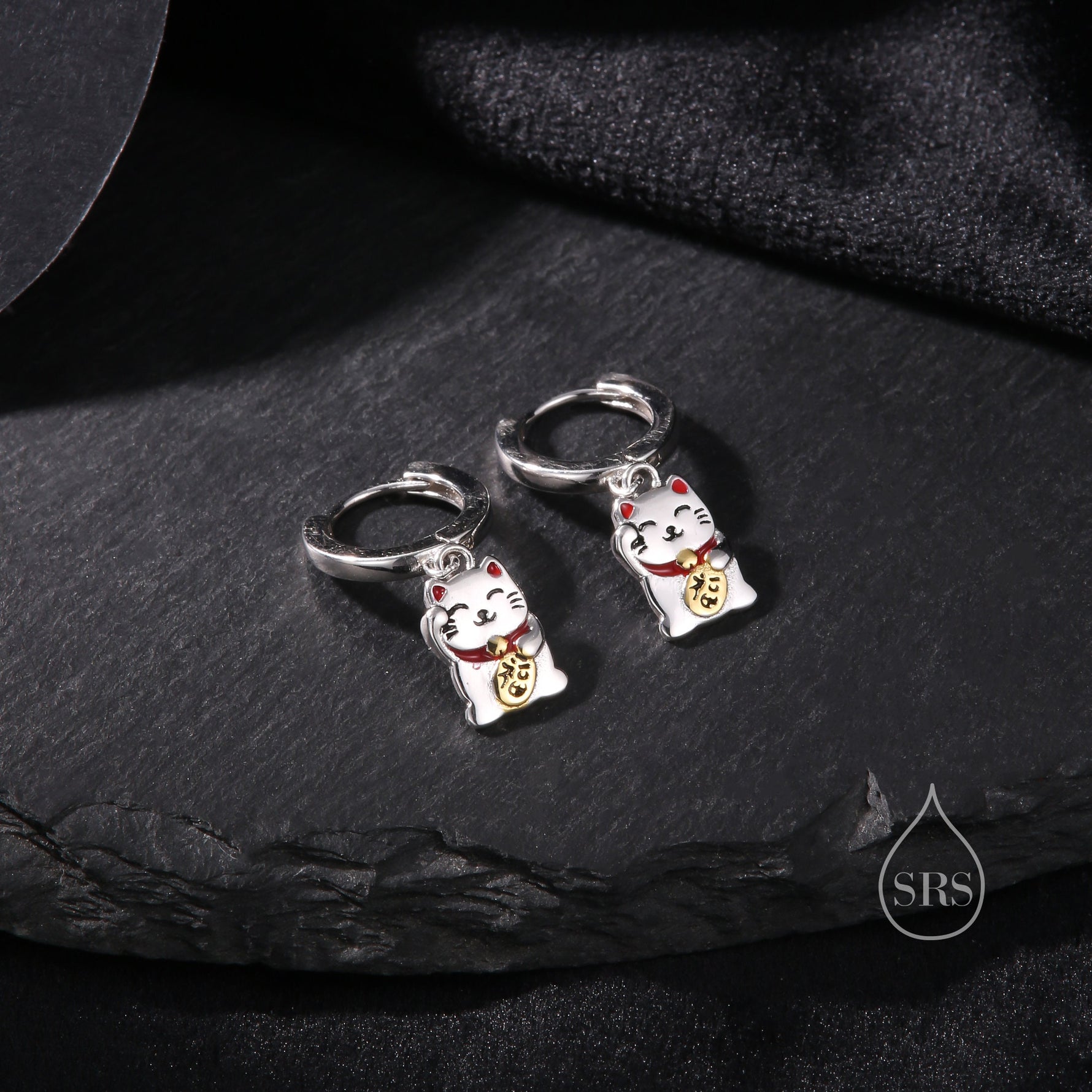 Super Cute Japanese Maneki-neko Cat Huggie Earrings in Sterling Silver - Cute Money Cat, Waving Cat Hoops