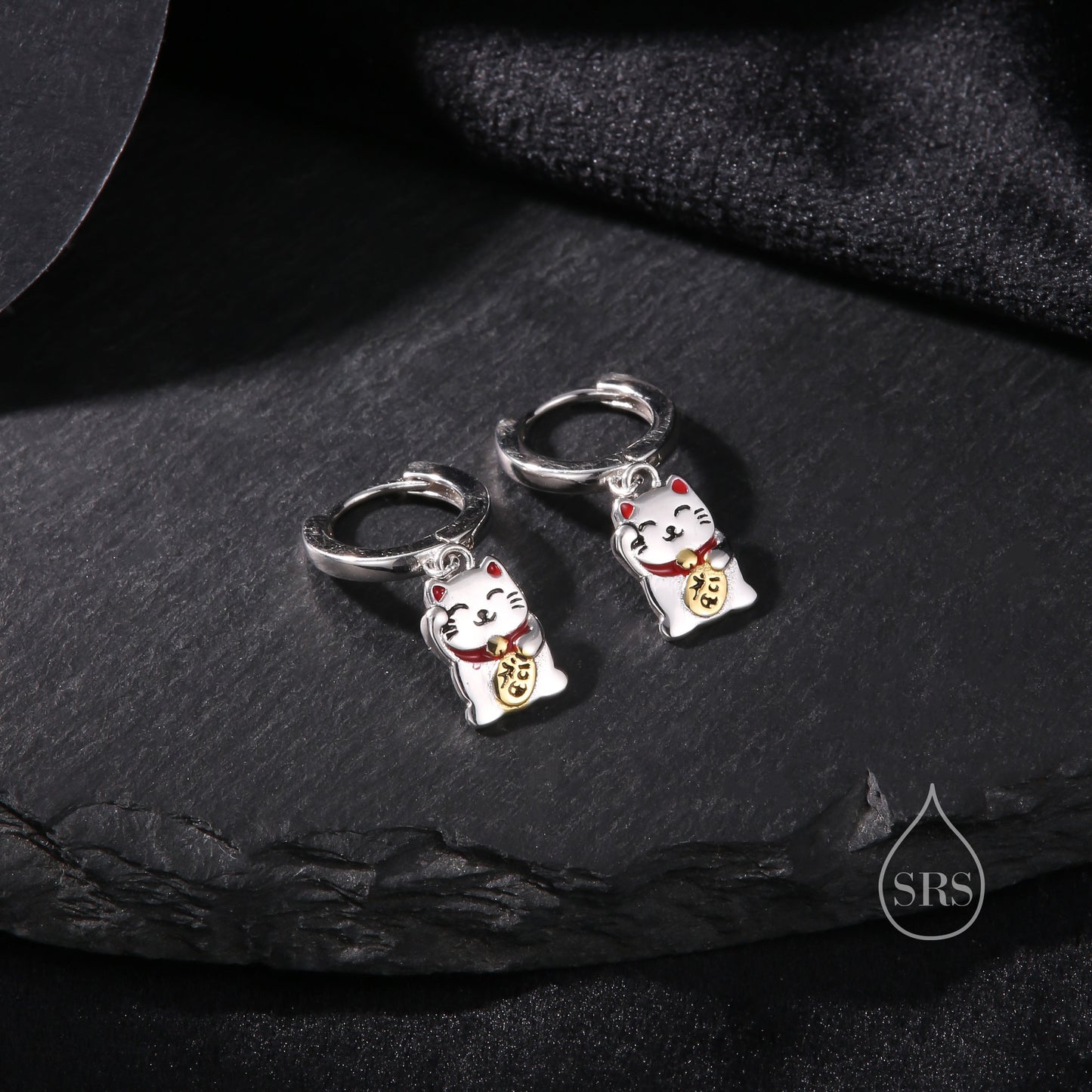 Super Cute Japanese Maneki-neko Cat Huggie Earrings in Sterling Silver -  Cute Money Cat, Waving Cat Hoops