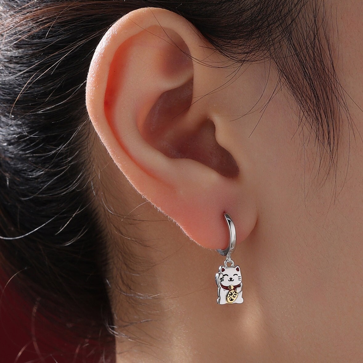 Super Cute Japanese Maneki-neko Cat Huggie Earrings in Sterling Silver -  Cute Money Cat, Waving Cat Hoops