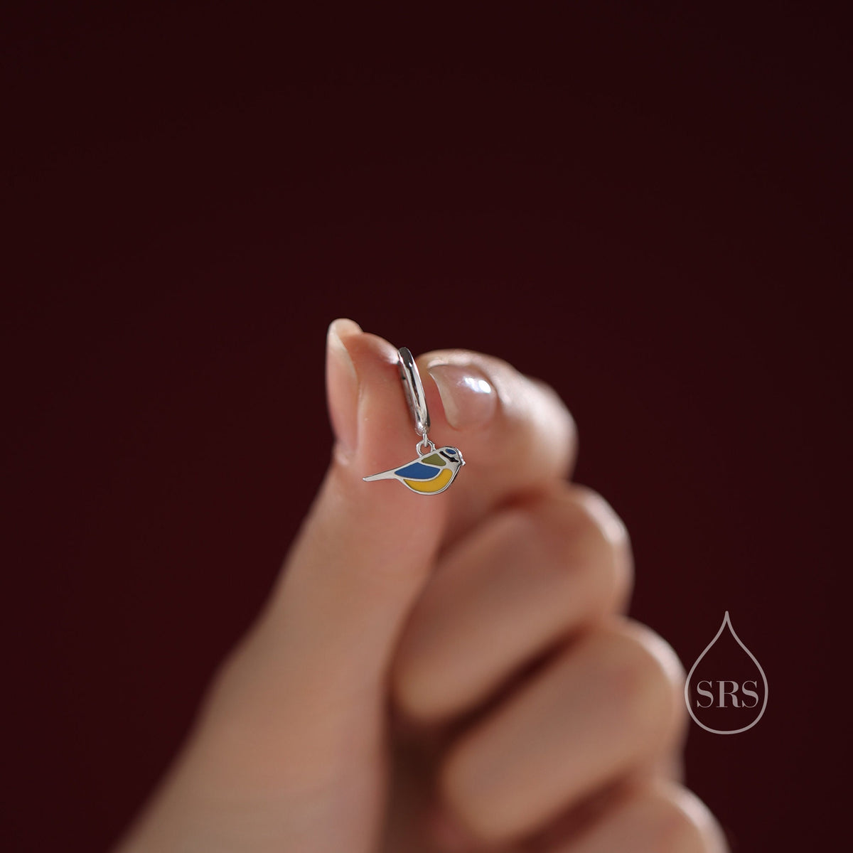 Super Cute Blue Tit Bird Huggie Hoop Earrings in Sterling Silver - Cute Bird Hoop Earrings, Blue Tit Earrings