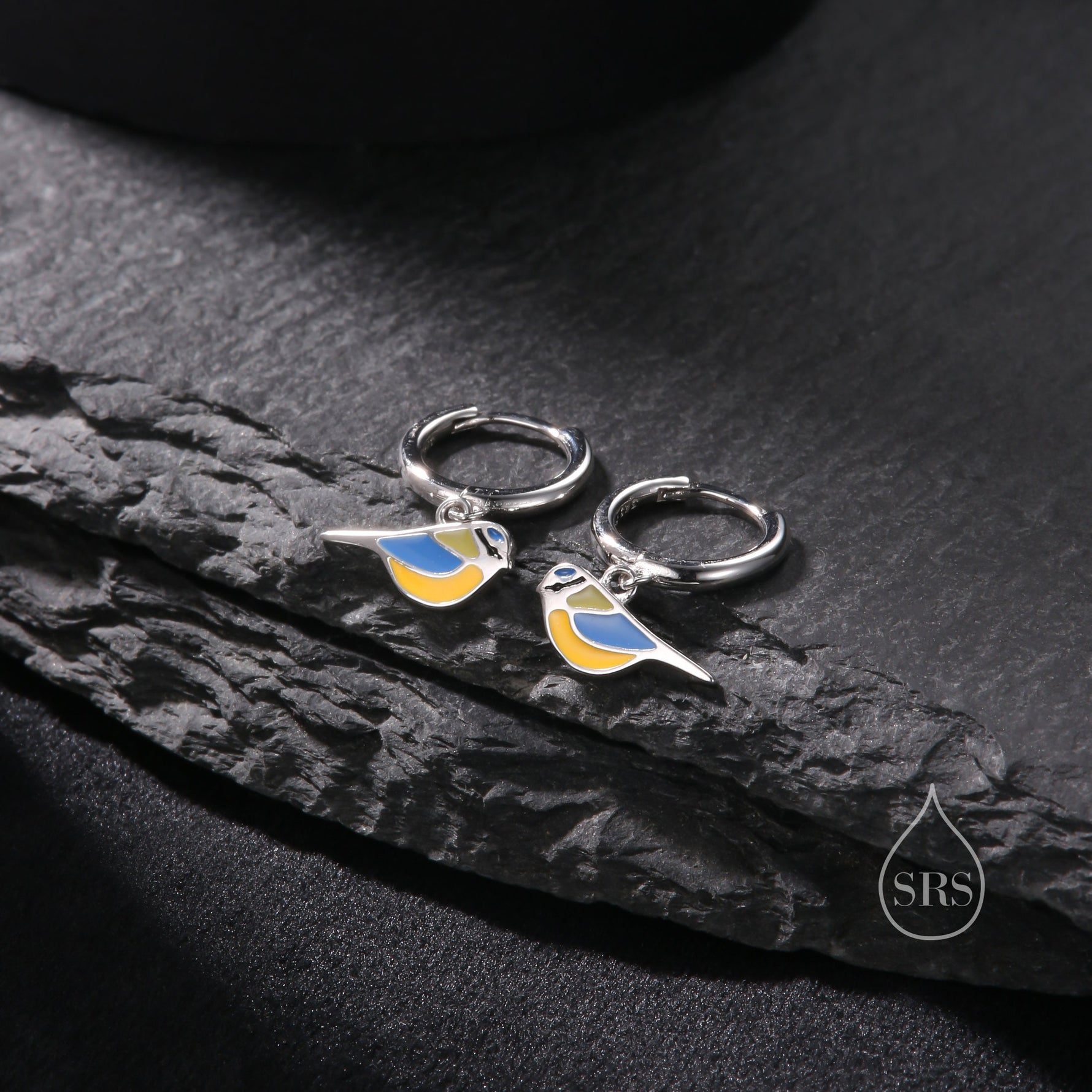 Super Cute Blue Tit Bird Huggie Hoop Earrings in Sterling Silver - Cute Bird Hoop Earrings, Blue Tit Earrings