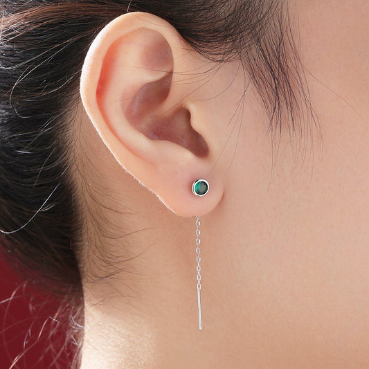 Emerald Green Bezel  CZ Crystal Threader Earrings in Sterling Silver, Silver or Gold, Minimalist Crystal Ear Threaders, Threader Ear Jackets