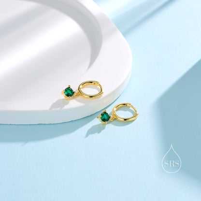 Tiny Emerald Green CZ Huggie Hoop in Sterling Silver, Silver or Gold or Rose Gold, Minimalist Simple Hoop Earrings,  4mm CZ Hoops