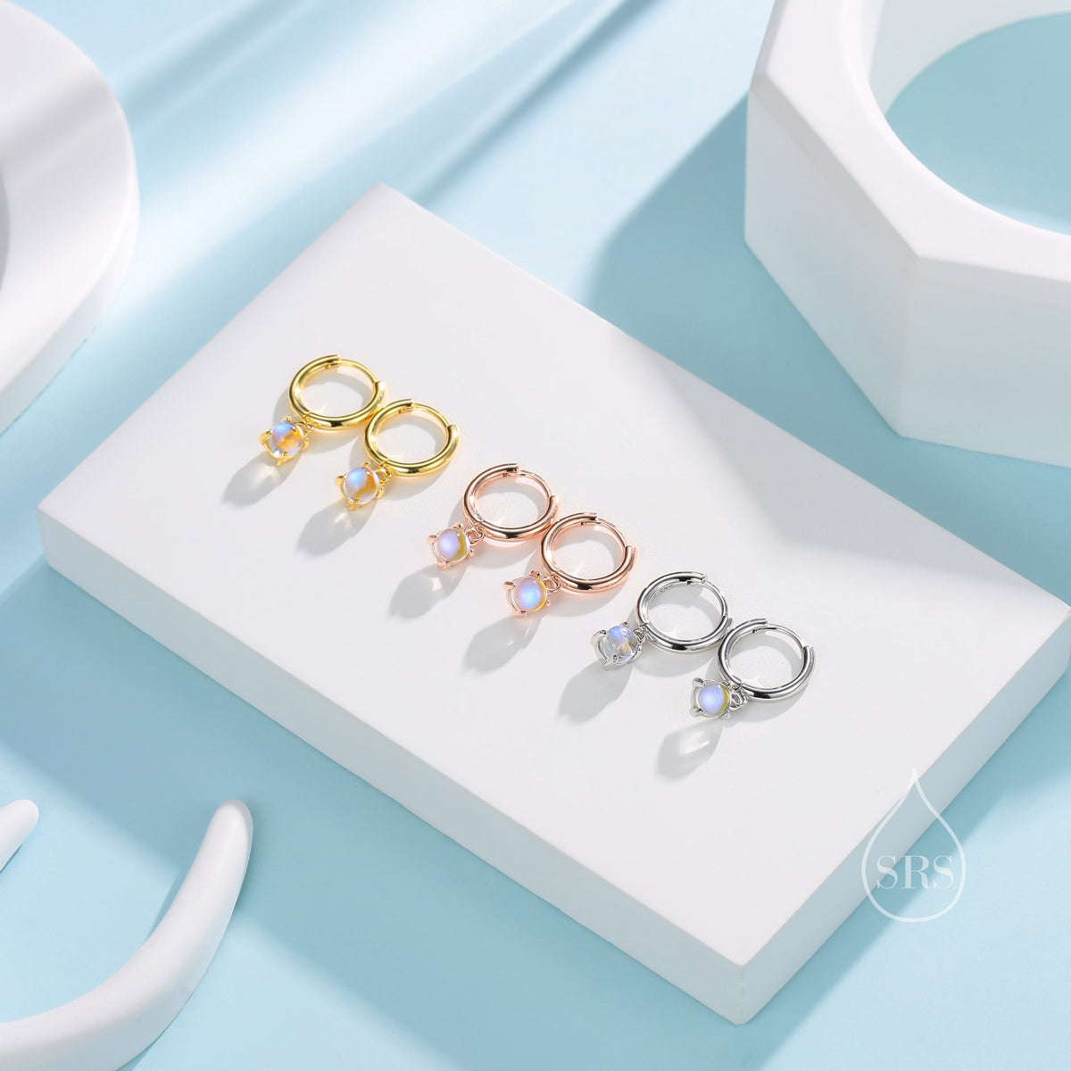 Tiny Moonstone Huggie Hoop Earrings in Sterling Silver, 4mm Simulated Moonstone Hoops, Silver or Gold or Rose Gold, Lab Moonstone Earrings