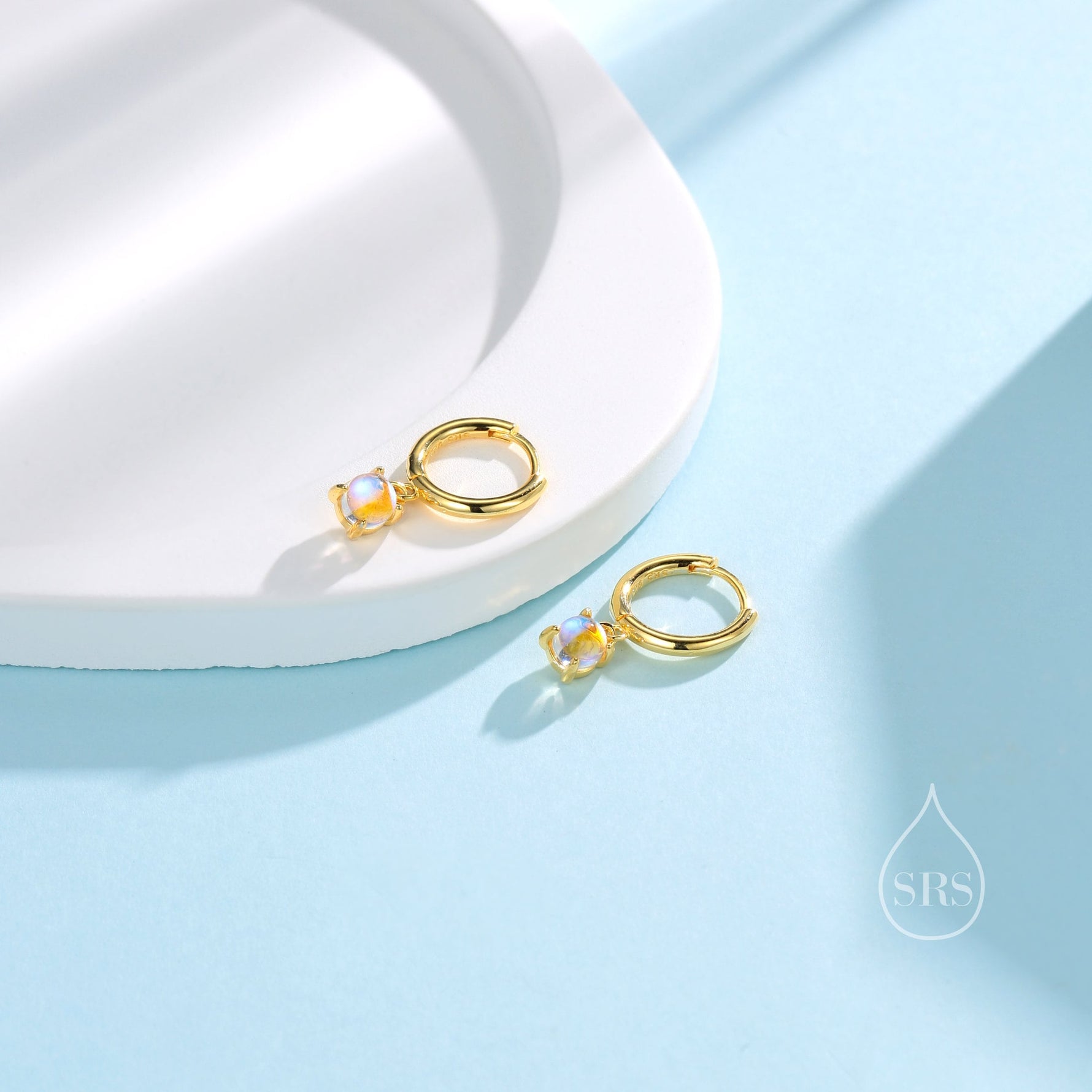 Tiny Moonstone Huggie Hoop Earrings in Sterling Silver, 4mm Simulated Moonstone Hoops, Silver or Gold or Rose Gold, Lab Moonstone Earrings