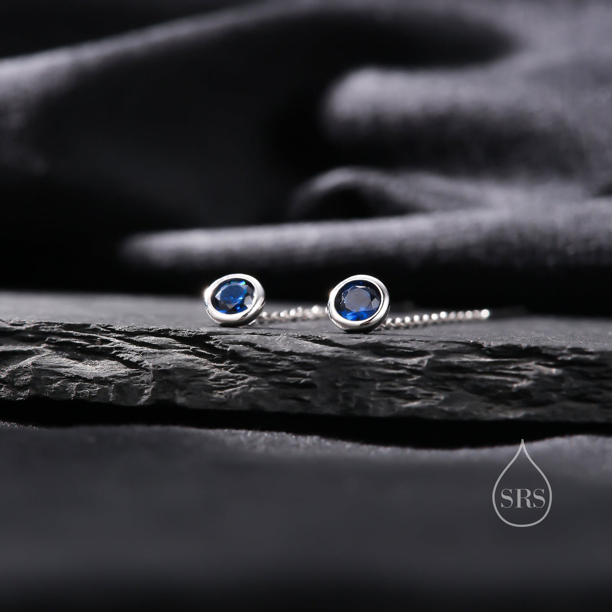 Sapphire Blue Bezel CZ Crystal Threader Earrings in Sterling Silver, Silver or Gold, Minimalist Crystal Ear Threaders, Threader Ear Jackets