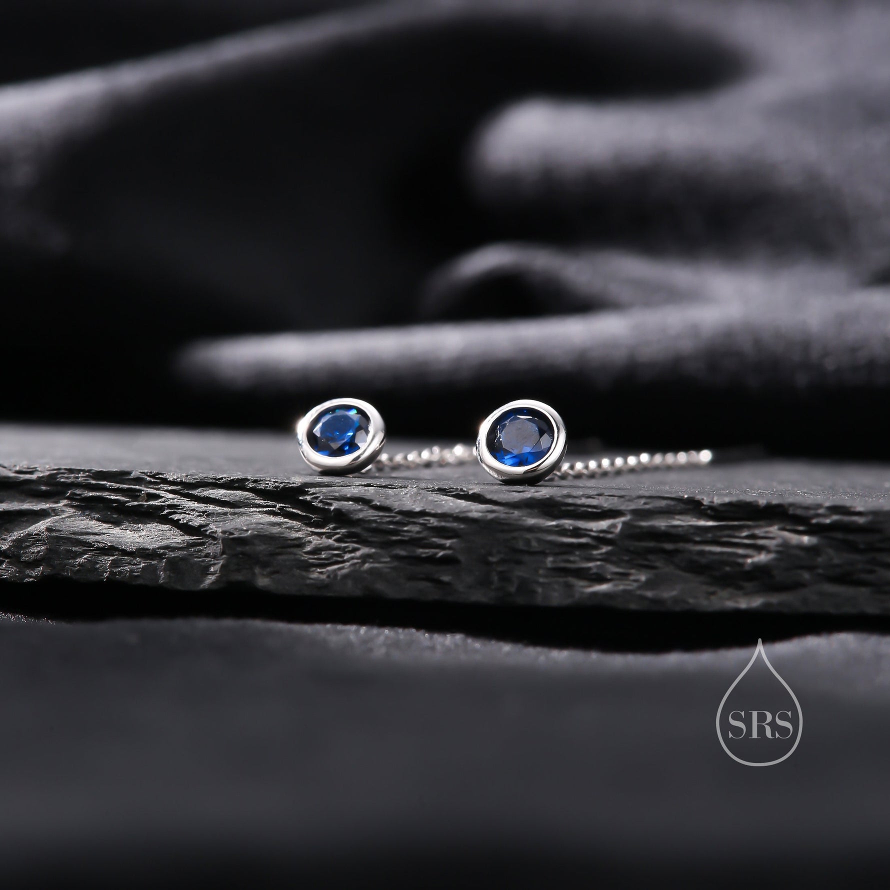 Sapphire Blue Bezel CZ Crystal Threader Earrings in Sterling Silver, Silver or Gold, Minimalist Crystal Ear Threaders, Threader Ear Jackets