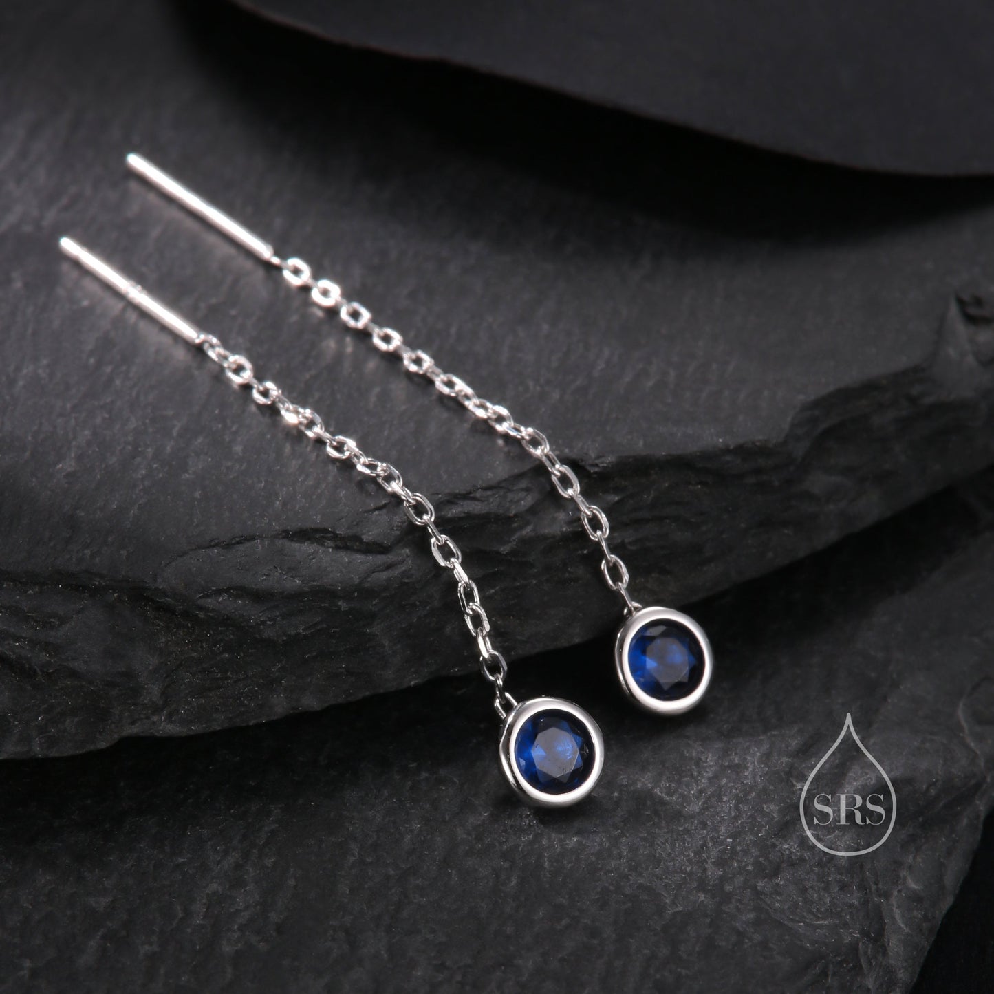 Sapphire Blue Bezel  CZ Crystal Threader Earrings in Sterling Silver, Silver or Gold, Minimalist Crystal Ear Threaders, Threader Ear Jackets