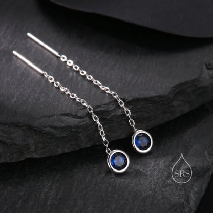 Sapphire Blue Bezel  CZ Crystal Threader Earrings in Sterling Silver, Silver or Gold, Minimalist Crystal Ear Threaders, Threader Ear Jackets