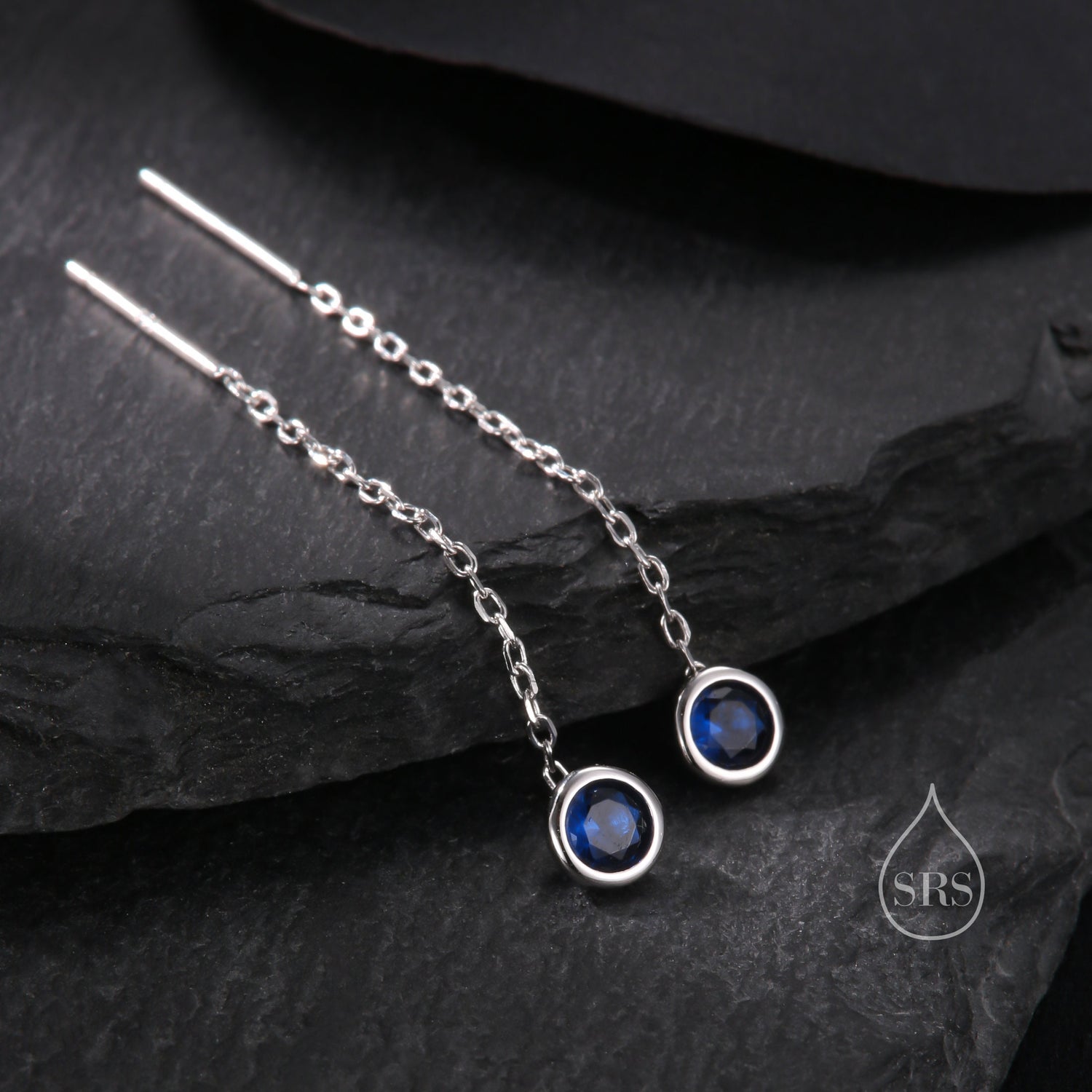 Sapphire Blue Bezel CZ Crystal Threader Earrings in Sterling Silver, Silver or Gold, Minimalist Crystal Ear Threaders, Threader Ear Jackets