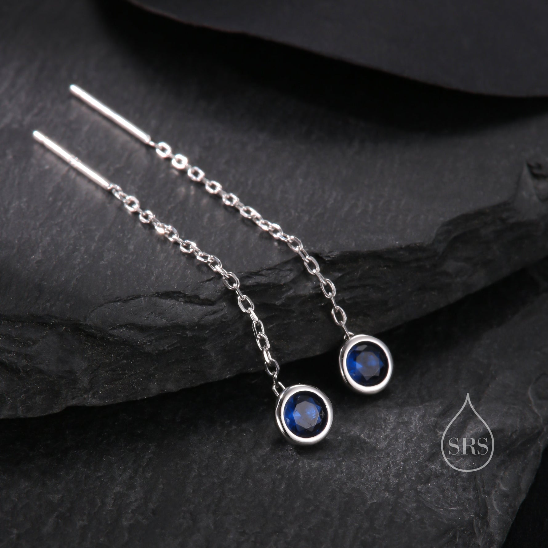 Sapphire Blue Bezel CZ Crystal Threader Earrings in Sterling Silver, Silver or Gold, Minimalist Crystal Ear Threaders, Threader Ear Jackets
