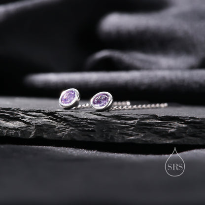 Amethyst Purple Bezel  CZ Crystal Threader Earrings in Sterling Silver, Silver or Gold, Minimalist Crystal Ear Threaders