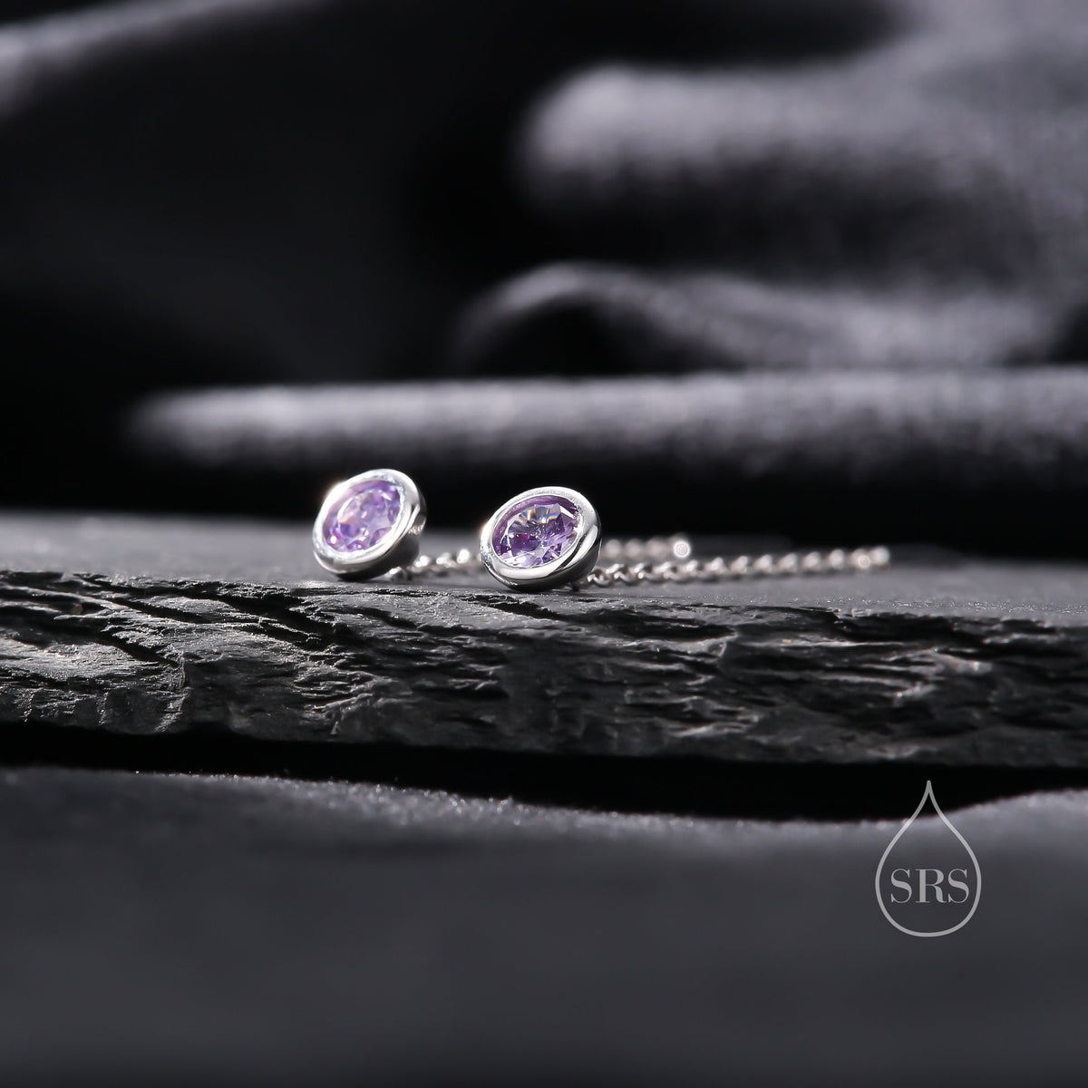 Amethyst Purple Bezel CZ Crystal Threader Earrings in Sterling Silver, Silver or Gold, Minimalist Crystal Ear Threaders