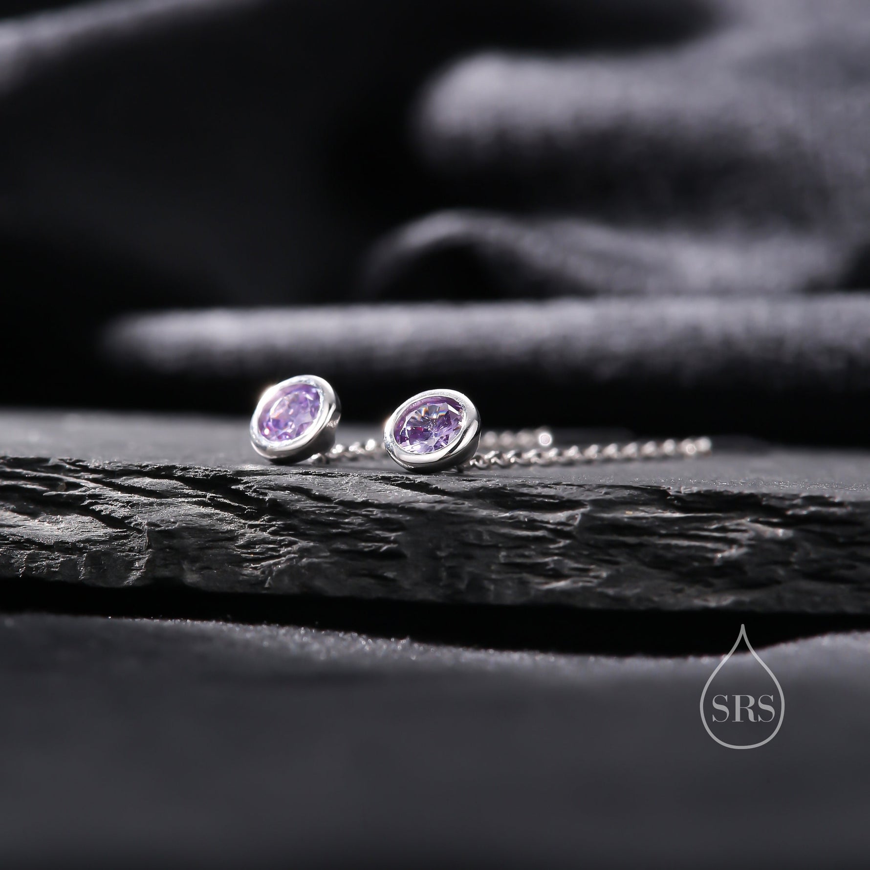 Amethyst Purple Bezel CZ Crystal Threader Earrings in Sterling Silver, Silver or Gold, Minimalist Crystal Ear Threaders